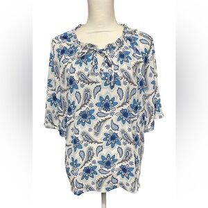 LOFT Floral Paisley Blouse XL Blue White Tie Neck NWT Lightweight